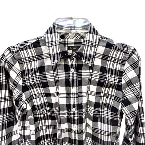 Talbots Long Sleeve Button Down Black/White Cotton Plaid Blouse Womens Sz XS - Picture 2 of 8
